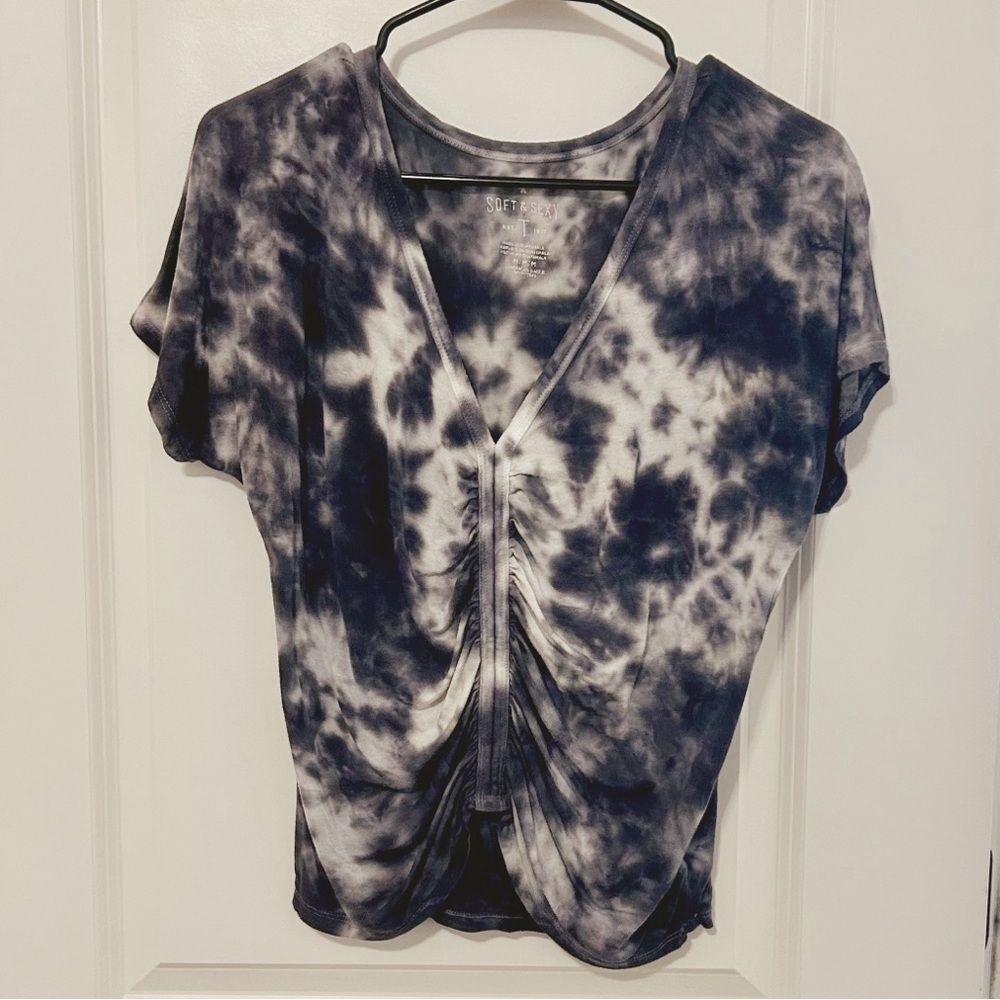 American Eagle Women’s Soft and Sexy Tie-Dye V-Neck Ruched Tee T-Shirt Top M